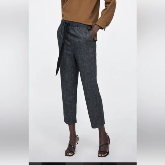 Zara Gray Herringbone Wool Blend Pull On Pants M - Picture 1 of 11